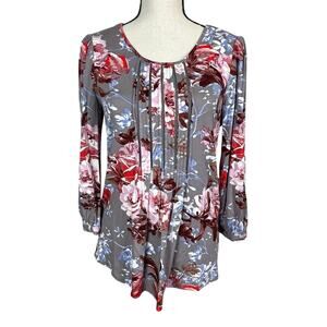 Daniel Rainn Blouse Small Gray Floral Pintuck Pleated Front Stitch Fix Top NWT